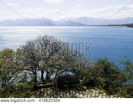 Antalya Mediterranean Sea Harbor View With Distant Smoky Mountains. Tourism And Travel Destination P
