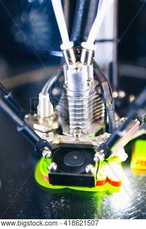 3d printer head in action, close-up view