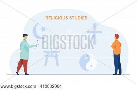 Professor Pointing At Religious Symbols. Cartoon Characters Studying Religion, Lecture On Theology F