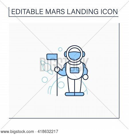 Astronaut Line Icon. Spaceman Keeps Flag. Visit Note. Planet Research. Mars Landing Concept. Isolate