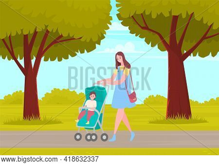 Young Mother Walking With Smiling Baby Sitting In Stroller In City Park. Mom Spend Time With Her Chi