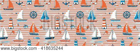 Vector Marine Banner With Stripes. Sailboats On An Orange Gray Background.