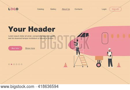 Plane Service Isolated Flat Vector Illustration. Cartoon Mechanics Repairing Airplane Before Flight 