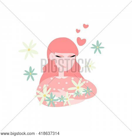 March 8, The Girl Is Happy With The Flowers Presented, Bouquet In Her Hands