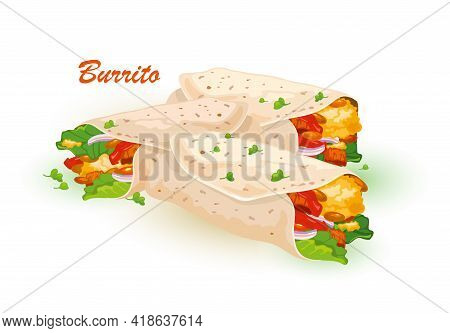 Cartoon Of Ground Meet With Veggie Rolled Into Tortilla, Corn, Wheat Tortilla With Meat Filling. Vec