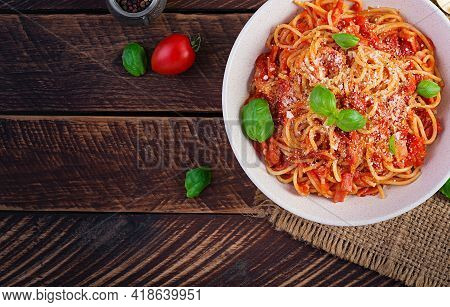 Spaghetti Alla Amatriciana With Guanciale, Tomatoes And Pecorino Cheese. Italian Healthy Food. Top V