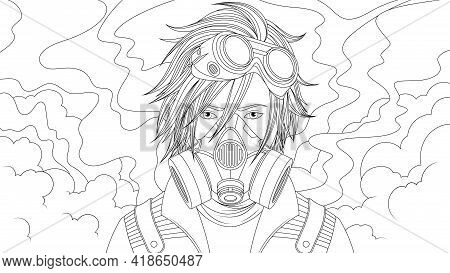 Vector Illustration, Teen Boy Wearing Gas Mask, Polluted Atmosphere, Coloring Book
