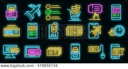 Online Tickets Booking Icons Set. Outline Set Of Online Tickets Booking Vector Icons Neon Color On B