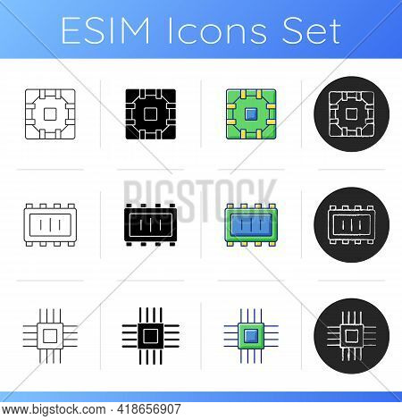 Microcircuits Icons Set. Designing Modern Microcomponents For Device Creation. Building Electronic S