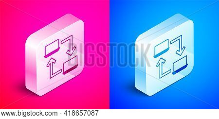 Isometric Online Working Icon Isolated On Pink And Blue Background. Freelancer Man Working On Laptop