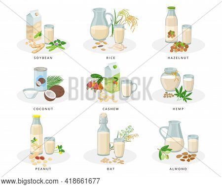 Vegan Milk Set, Almond, Soybean, Rice, Hazelnut, Coconut, Cashew, Hemp, Peanut, Oat Milk. Varius Bot