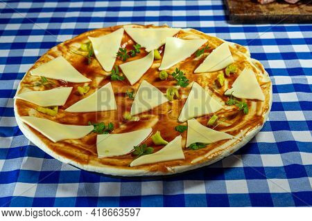 Homemade Cheese Pizza And Tarantella Sauce. Typical Italian Food. Cooking. Homemade Delights. Quick 