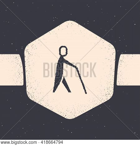 Grunge Blind Human Holding Stick Icon Isolated On Grey Background. Disabled Human With Blindness. Mo