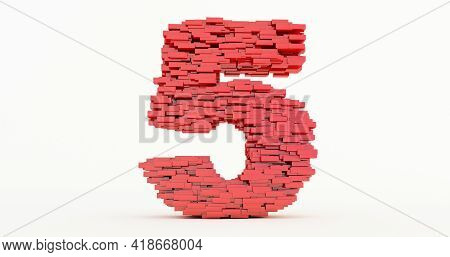 Concept Of Bricks That Build Up To Form The 5 Five,
Red Number Five On White Background. 3d Render,