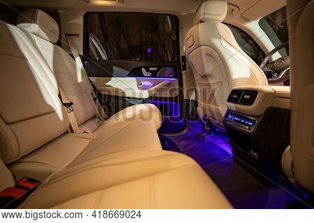 Moscow, Russia - December 24, 2019: Rear Row Of Seats Of Premium Suv Mercedes Gls Class. White Luxur