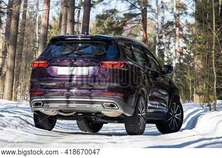 Moscow, Russia - March 18, 2021: Rear View Of The New Flagship Seven-seater Minivan Chery Tiggo 8 Pr