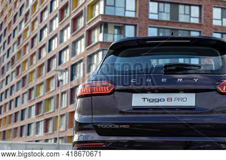 Moscow, Russia - March 18, 2021: Rear View Of The New Flagship Seven-seater Minivan Chery Tiggo 8 Pr