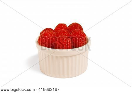 Fresh Ripe Raspberries In A White Bowl On White Background, Isolated, Vitamin