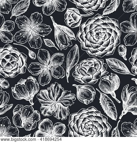 Seamless Pattern With Hand Drawn Chalk Hibiscus, Plum Flowers, Peach Flowers, Sakura Flowers, Magnol
