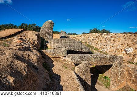 Dolmen Of Lacara, Funeral Chamber. Ancient Megalithic Building Near La Nava De Santiago, Extremadura