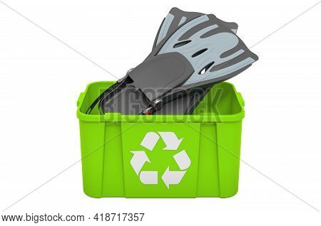 Recycling Trashcan With Flippers, Swimfins. 3d Rendering Isolated On White Background