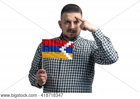 White Guy Holding A Flag Of Nagorno-karabakh Republic And A Finger Touches The Temple On The Head Is