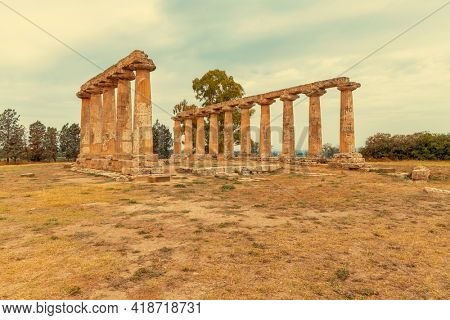 Temple of Hera from 6 century BC, archaeological site near Bernalda, Italy