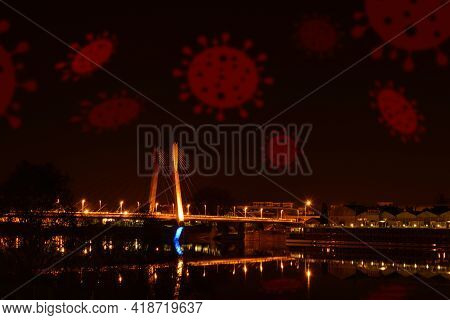 European Lockdown Night With Coronavirus In The Sky. Red Covid-19 Viruses Fly Over Lighting Bridge. 