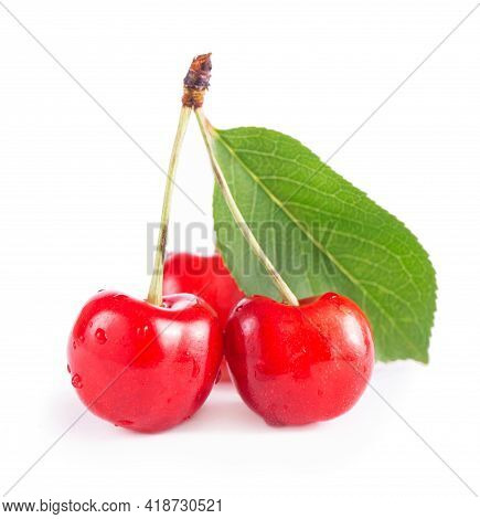 Ripe Fresh Red Cherry Isolated On White Background. With Clipping Path.