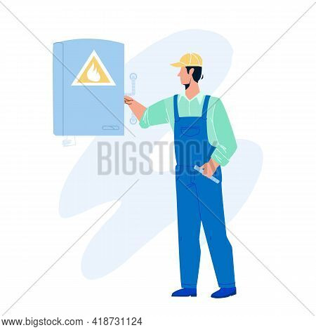 Gas Technician Worker Check Heating Boiler Vector. Gas Technician Service Employee Man Checking Equi