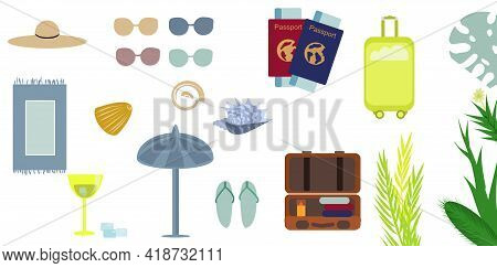 Vacation Theme, Travel, A Set Of Beach Accessories,hat, Suitcase, Tickets, Passports, Glasses, Beach