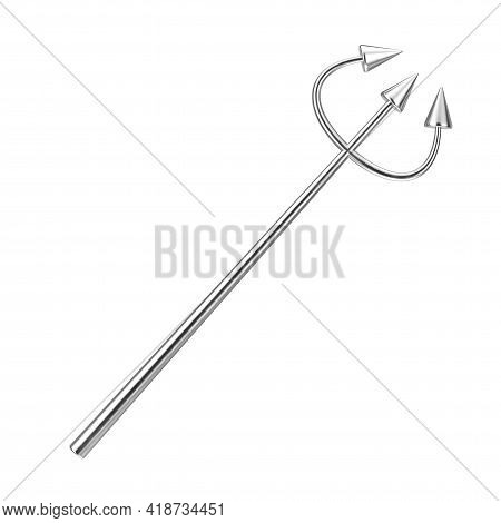 Silver Devil Halloween Day Celebration Trident Or Pitchfork On A White Background. 3d Rendering