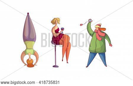 Woman Drinking Wine, Standing On Head And Playing Snowball Fight Vector Set