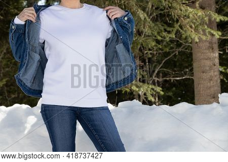 White Sweatshirt Mockup Of A Girl In Denim, Model Mockup