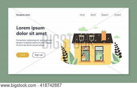People Staying Home During Rainy Weather. View Through Window, Exterior, Depression Flat Vector Illu