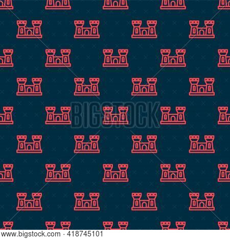 Red Line Sand Castle Icon Isolated Seamless Pattern On Black Background. Vector