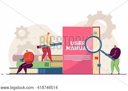 Tiny People Reading User Manual. Woman And Man With Magnifier And Pencil Using Guidebook Or Instruct