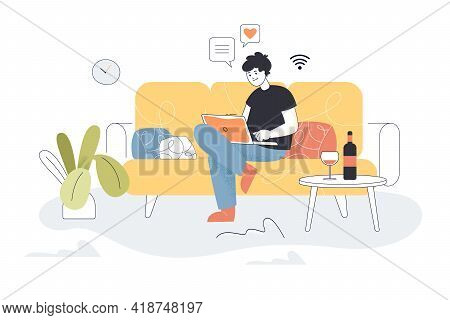 Man Chatting To Friends On Laptop At Home. Person Sitting On Sofa With Computer Flat Vector Illustra