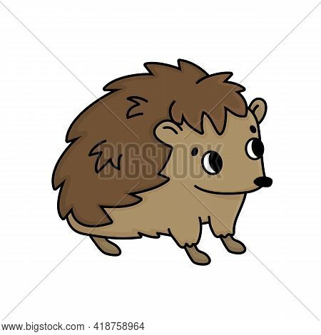 Cute Brown Cartoon Hedgehog, Doodle Design. Vector Outline Isolated Hand Drawn Animal Illustration O
