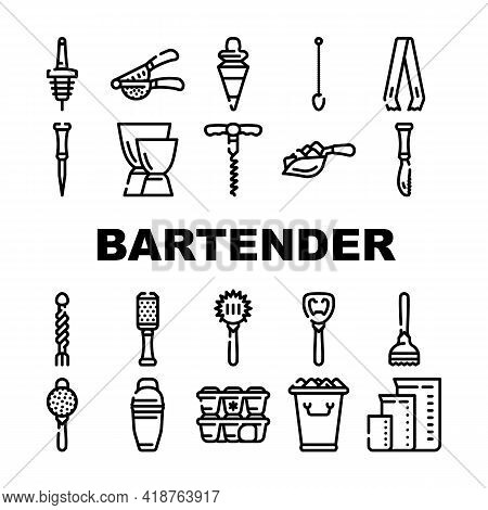 Bartender Accessory Collection Icons Set Vector. Bar Spoon And Grater, Juicer And Ice Breaker, Cockt