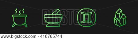 Set Line Gemini Zodiac, Witch Cauldron, Mortar And Pestle And Magic Stone. Gradient Color Icons. Vec