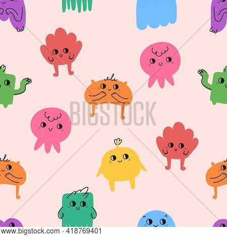 Seamlesss Pattern Of Hand Drawn Doodle Cute Little Monsters. Abstract Colorful Characters. Vector Fl