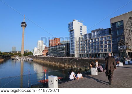 Dusseldorf, Germany - September 19, 2020: People Visit Hafen District In Dusseldorf, Germany. The Fo