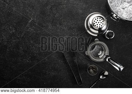 Steel Bar Tools And Accessories For Making Cocktail. Shaker, Jigger, Strainer, Spoon, Tongs, Muddler