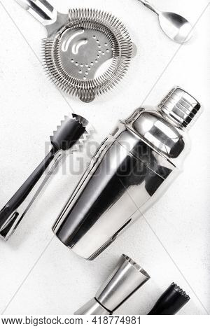 Steel Bar Tools And Accessories For Making Cocktail. Shaker, Jigger, Strainer, Spoon, Tongs, Muddler