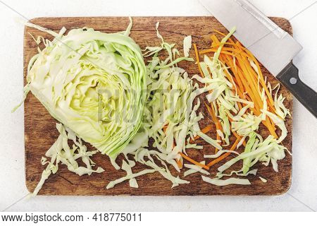Cabbage Coleslaw Isalad Ngredients Cooking On Wooden Cutting Board With Knife On Kitchen Table Backg