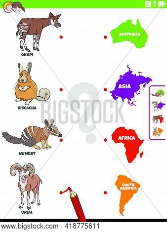 Cartoon Illustration Of Educational Matching Task For Children With Animal Species Characters And Co