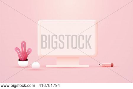 Workplace Concept. Office Table. Design For Co Working. Desktop Computer.