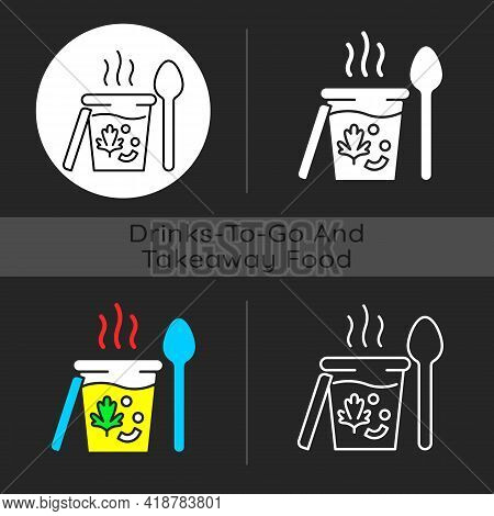 Takeaway Soups Dark Theme Icon. Liquid Food With Meat And Vegetables. Broth, Cream, Chowder. Nutriti