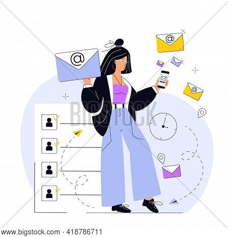 Email Marketing Concept. A Young Girl Sends Messages. Advertising Media, Target Consumers, Invite Pe